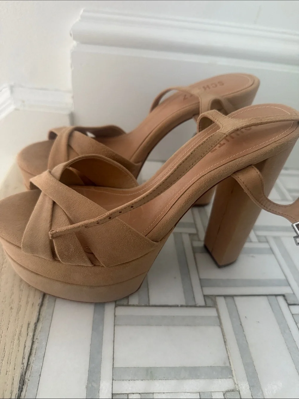SCHUTZ Tan Suede Crisscross Platform Heels